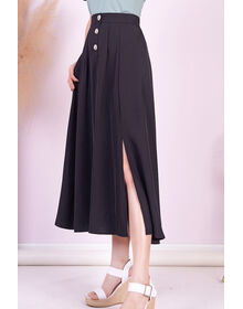 Fine Back Waistband Button Down Pleated Side Slit Long Maxi Skirt (Black)